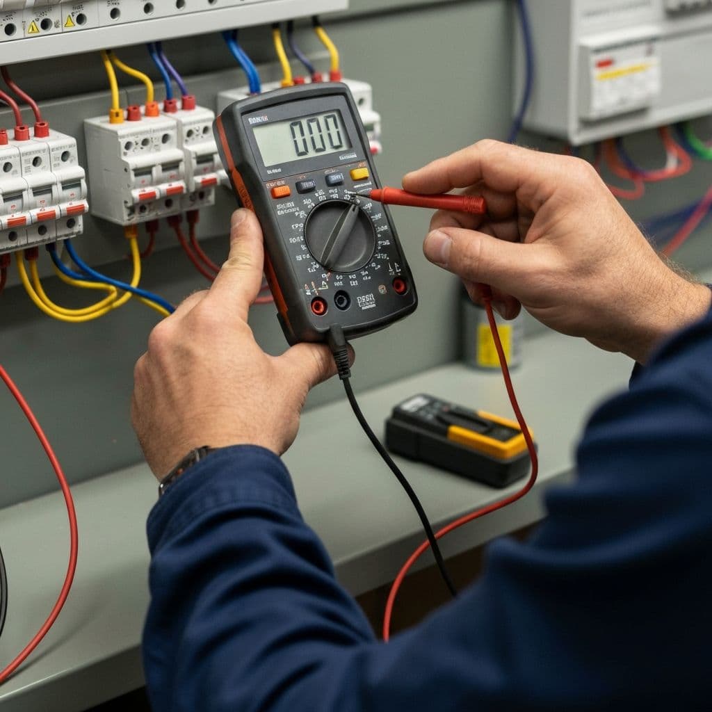 Electrician using multimeter for fault finding